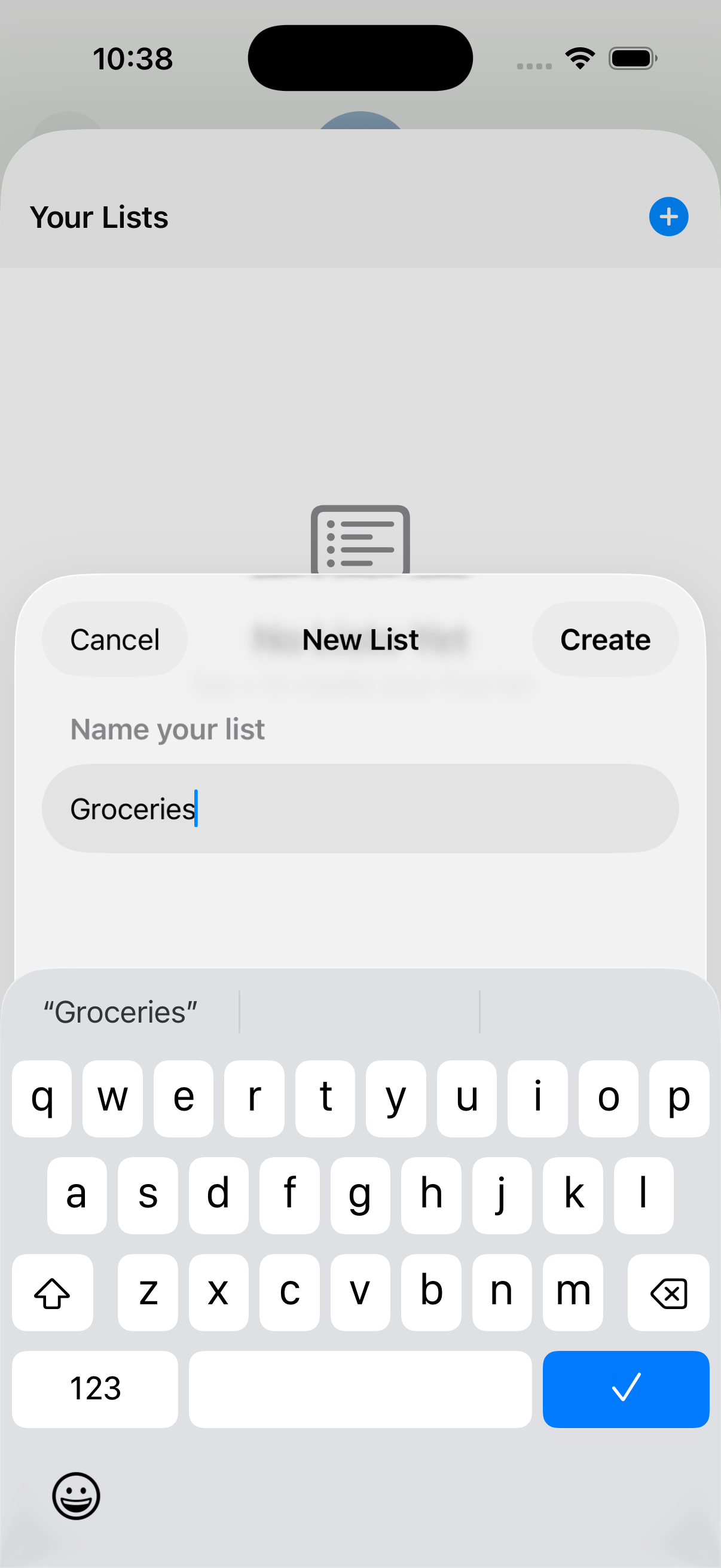 ListWithMe New List sheet with a list-name field and the iPhone keyboard open.