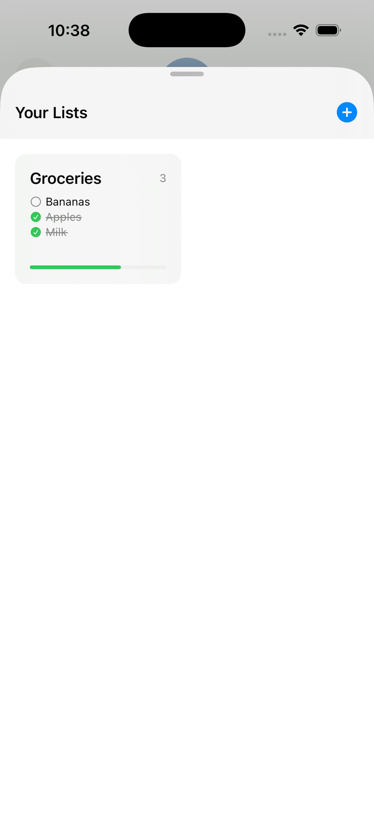 ListWithMe Your Lists screen with a Groceries card summarizing Eggs, Apples, and Bananas.