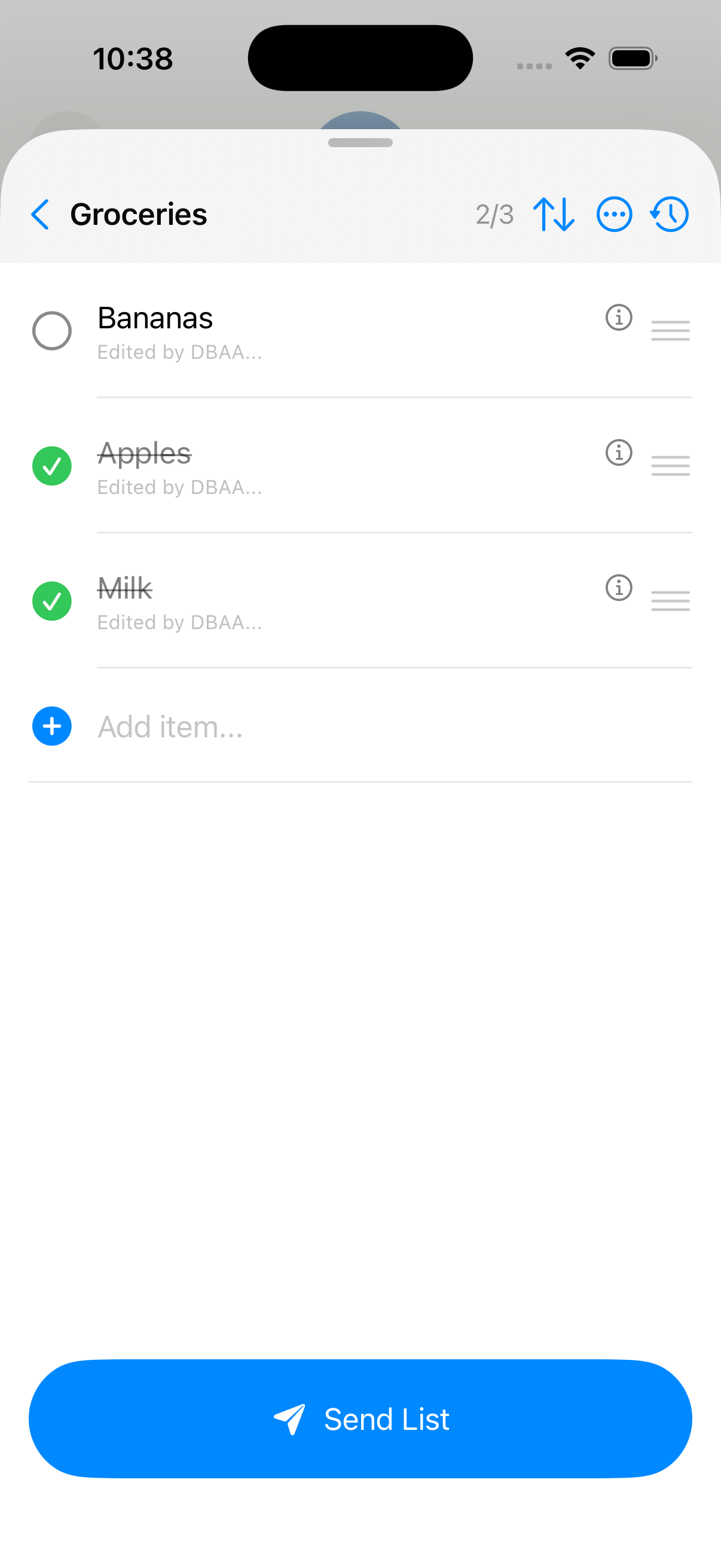 ListWithMe Groceries checklist with completed Bananas and a Send List button.