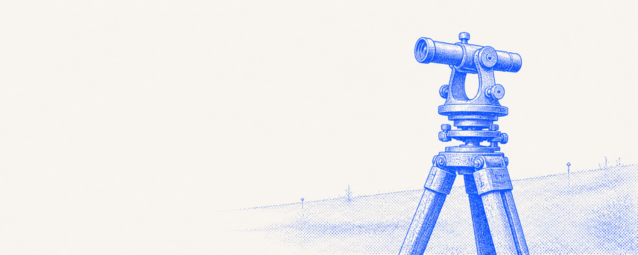 A technical blue drawing of a surveyor’s level
