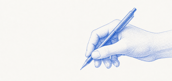 A stippled hand holding a pen