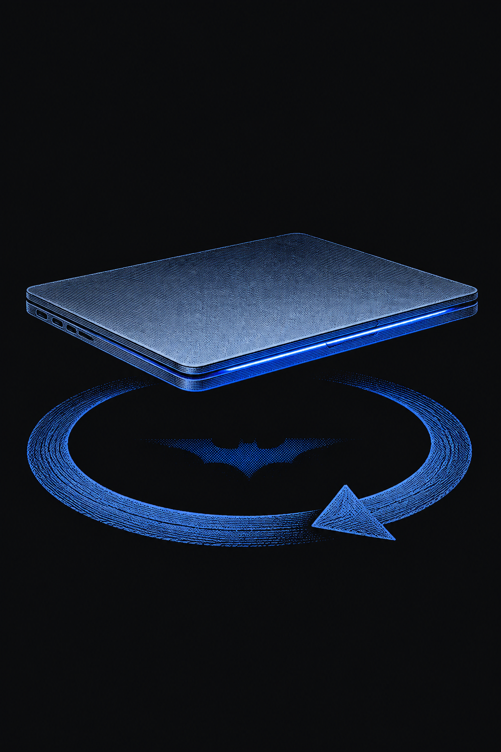 A closed laptop glowing blue above a circular return arrow and a small bat silhouette.