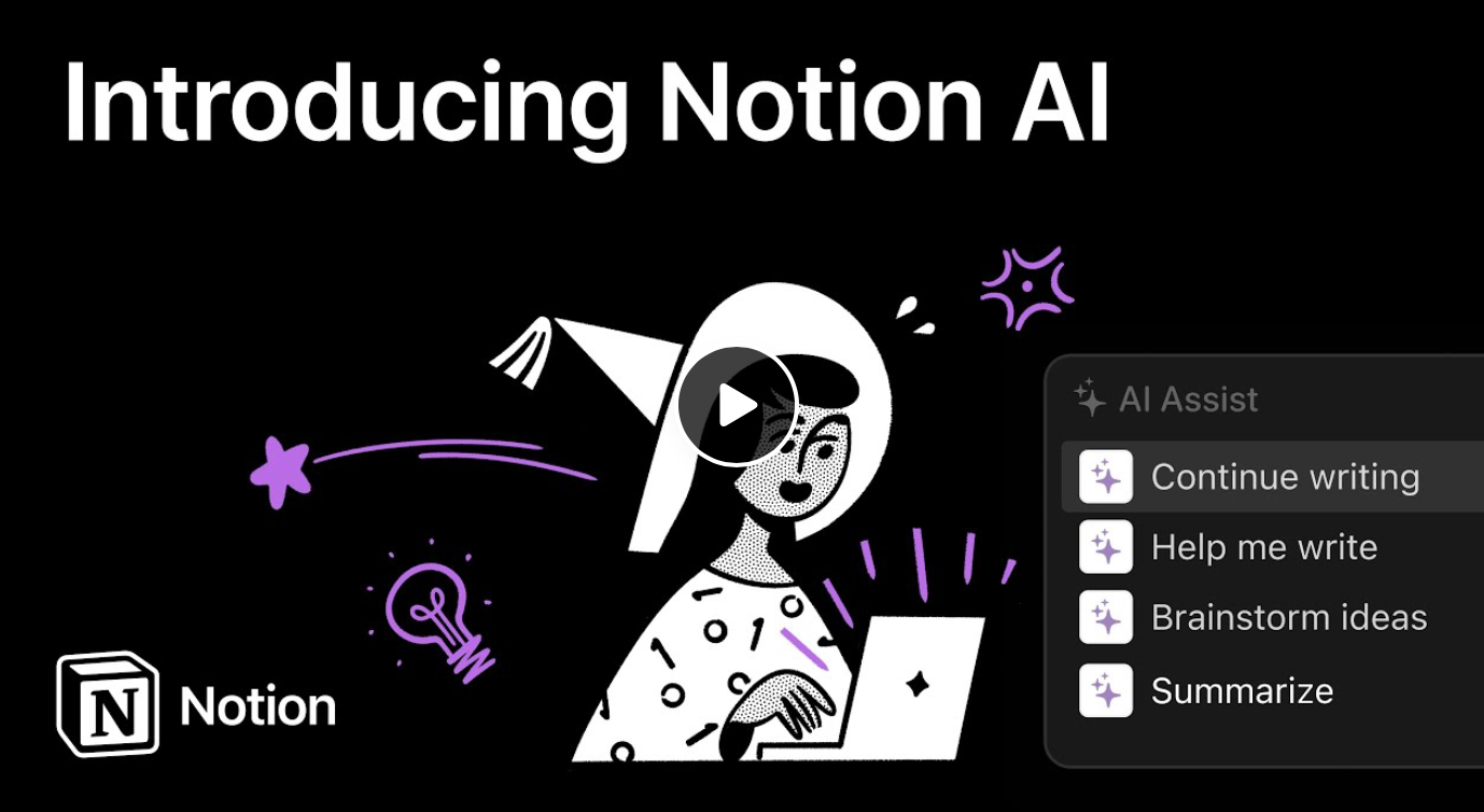Notion AI introduction graphic showing writing-assistant actions