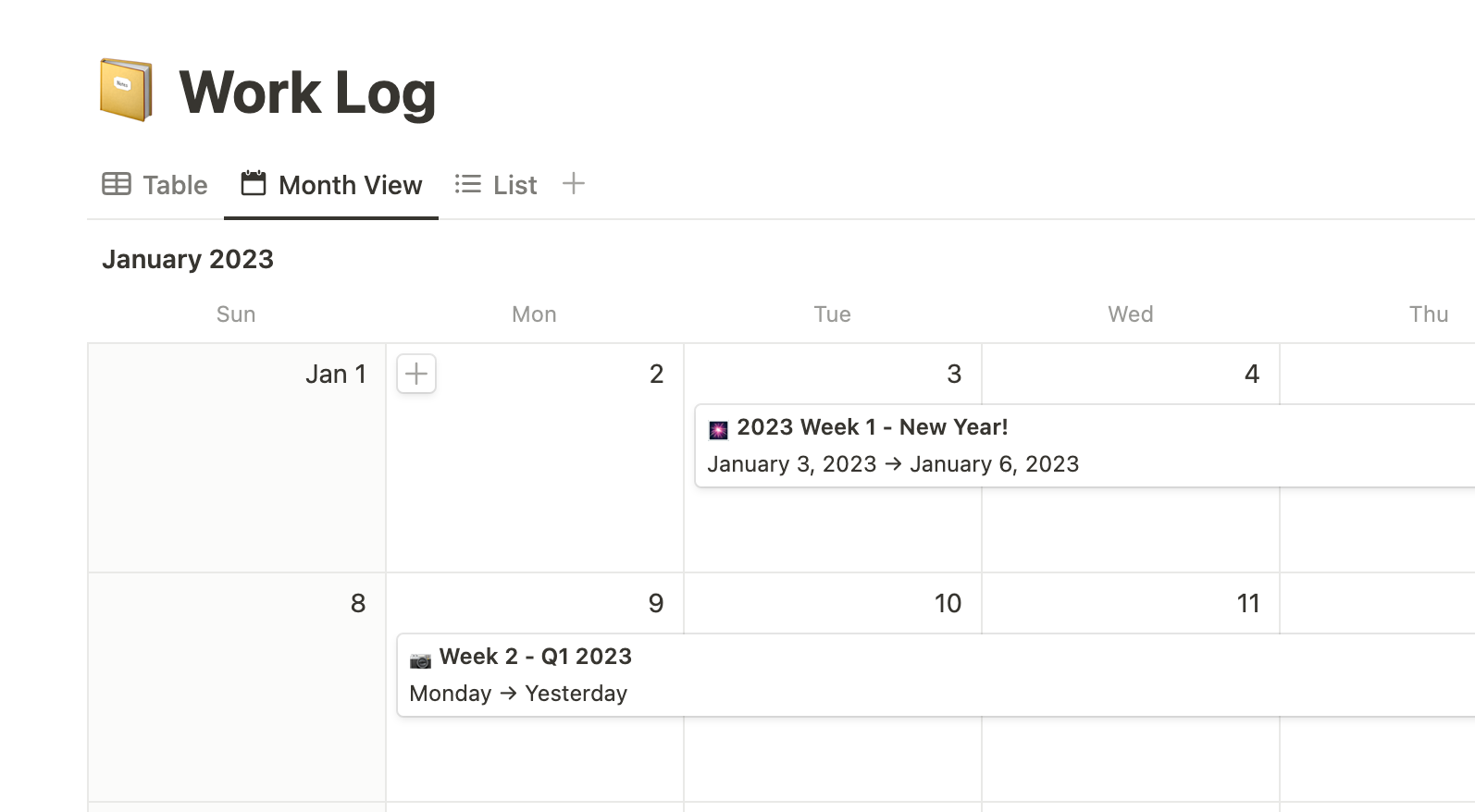 Notion Work Log calendar showing weekly entries in January 2023