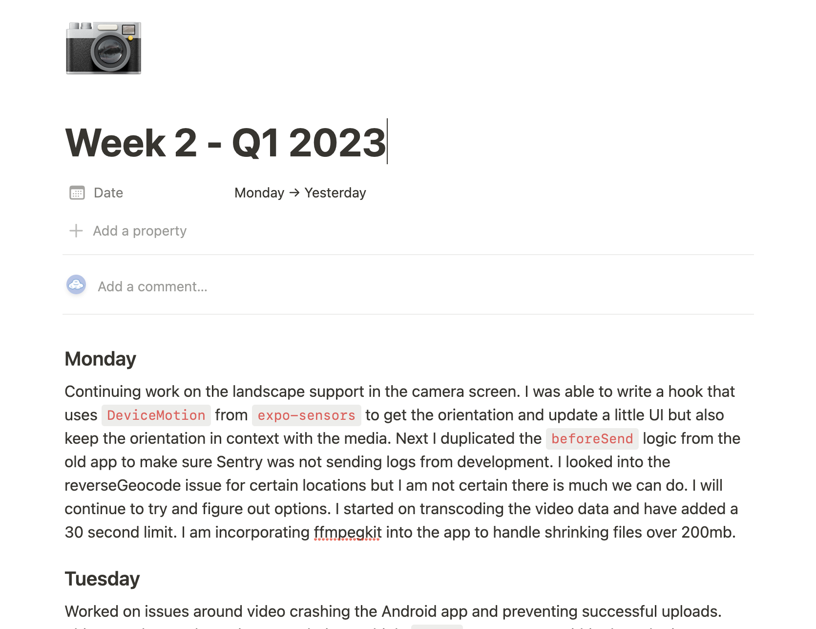 Notion weekly work log page with dated daily engineering notes